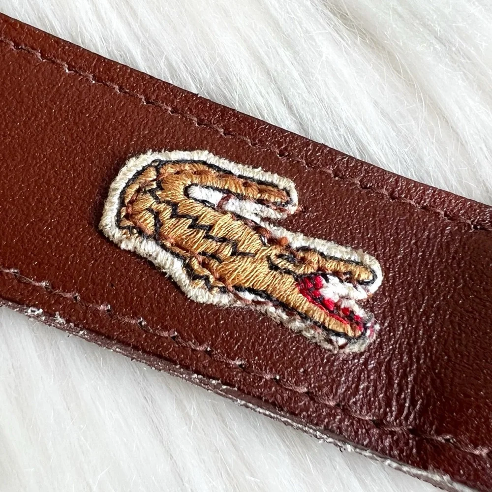 Lacoste Vintage Brown Leather Striped Belt Silver Buckle 1980s 37-38.5 Unisex